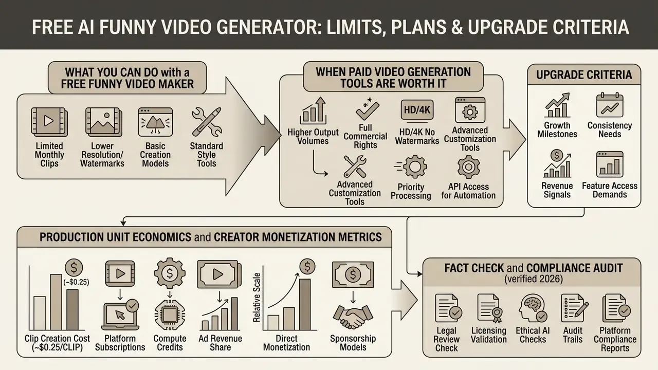 Flowchart comparing free versus paid video generation features, monetization metrics, and compliance steps