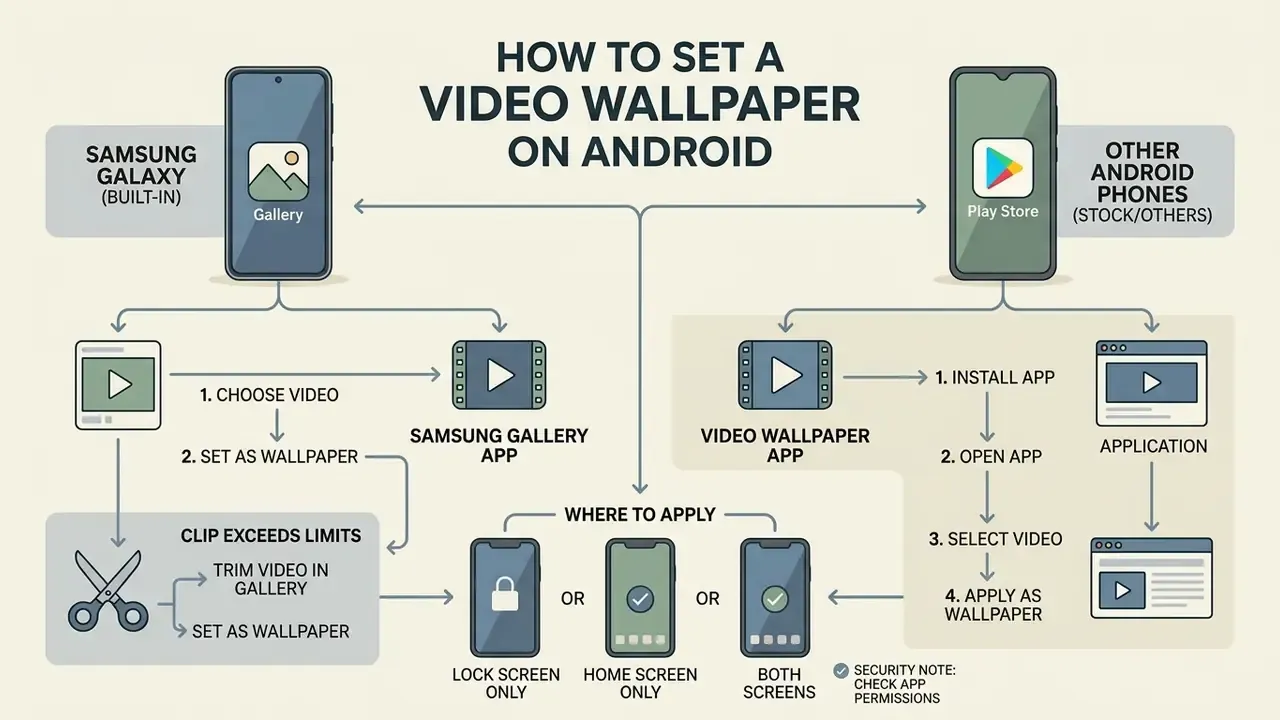 Diagram comparing the steps to set a video wallpaper on Samsung devices versus other Android phones