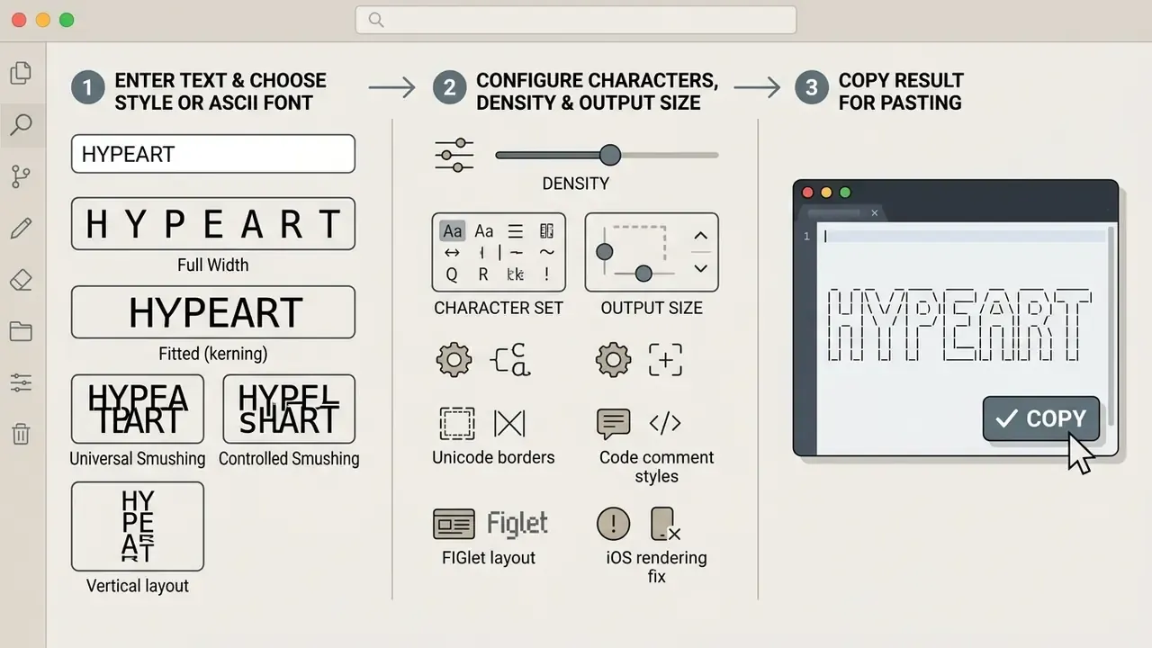 Three-step process for styling text with density sliders and character set options before copying output