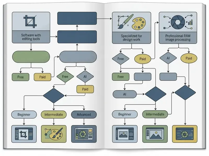 Diagram showing branching paths for choosing digital tools based on features like AI and pricing levels