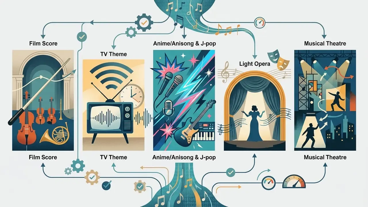 Flowing musical notes connecting panels of film score, TV theme, anime, J-pop, opera, and musical theatre