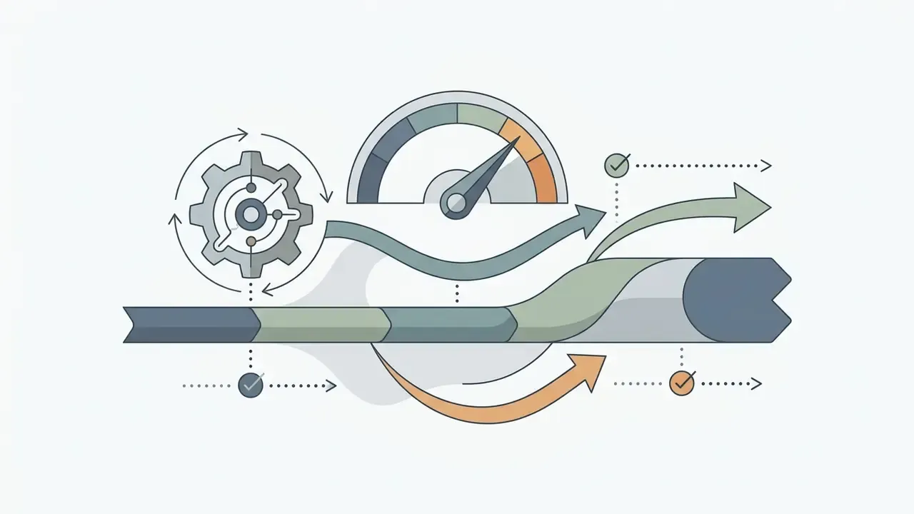 Gear icon and speedometer gauge connected to a segmented horizontal arrow indicating process flow