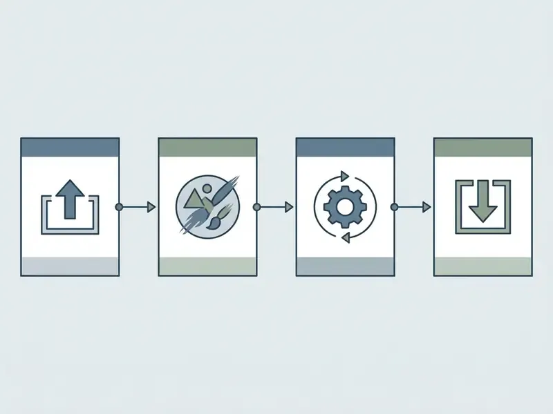 Linear process diagram showing four steps from photo upload to style selection and final download