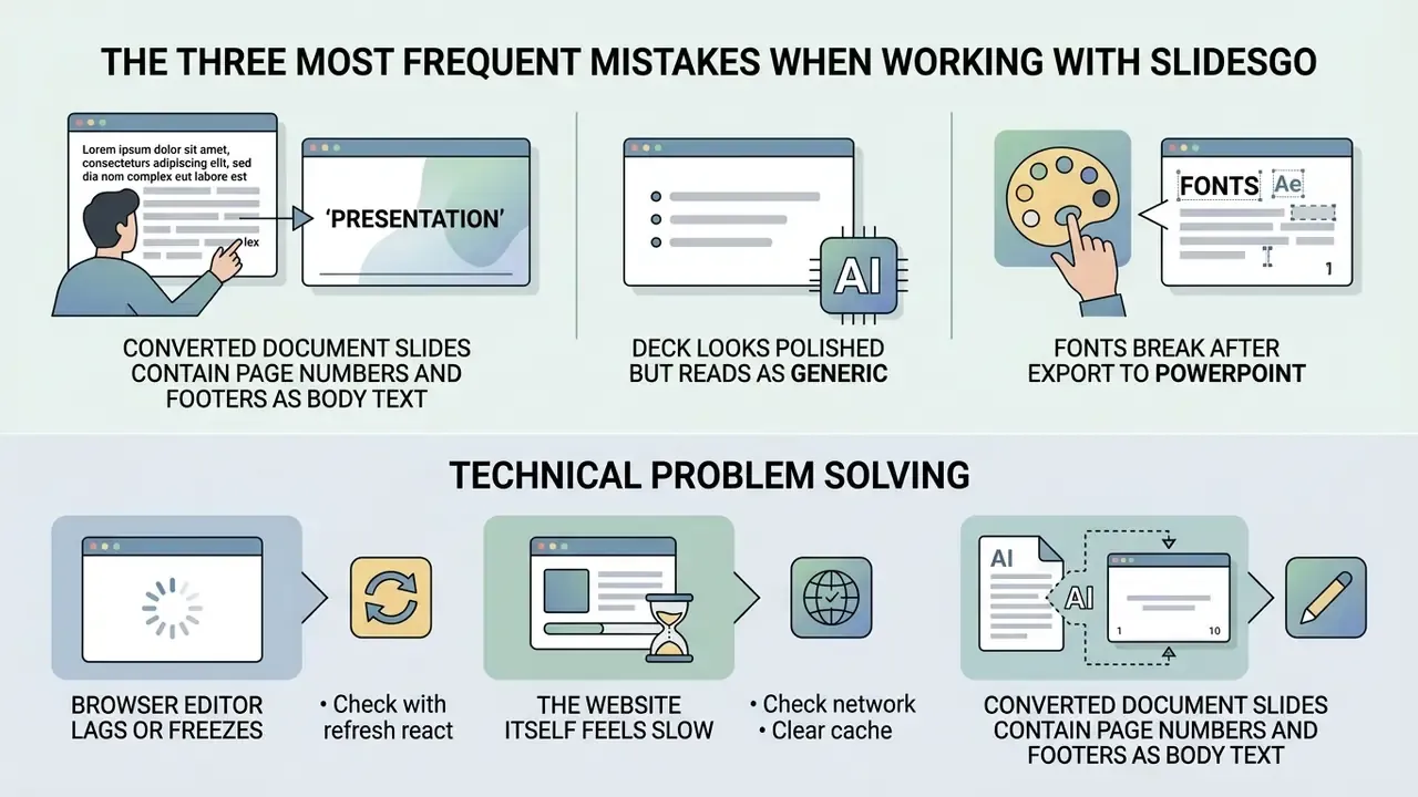 Diagram showing common presentation errors and troubleshooting steps for website performance and formatting