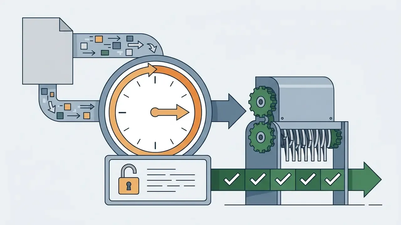 Document data flowing through a timed storage cycle into a shredder with verified deletion checkmarks