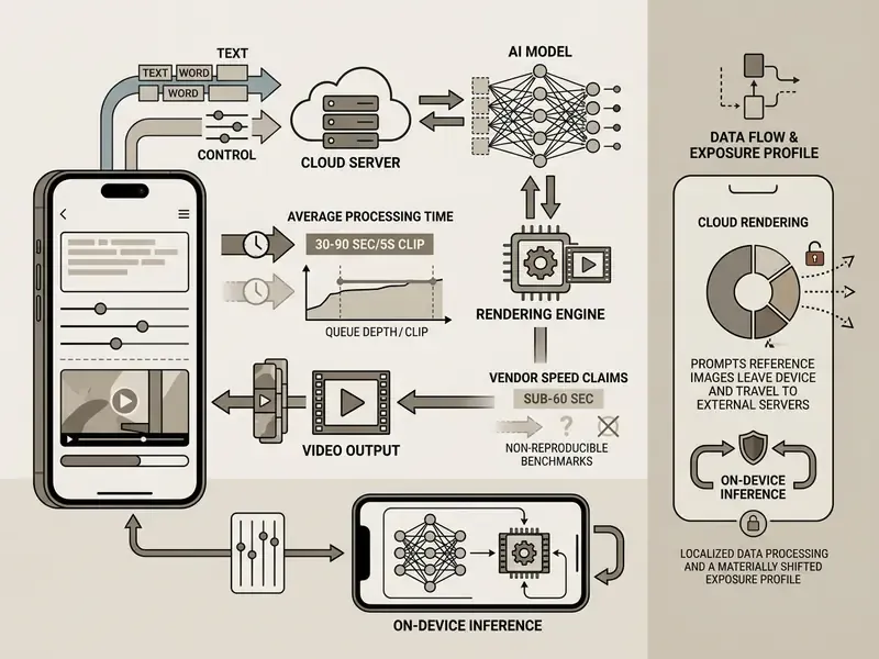 Smartphone interface showing cloud-based text-to-video rendering workflows versus on-device AI processing