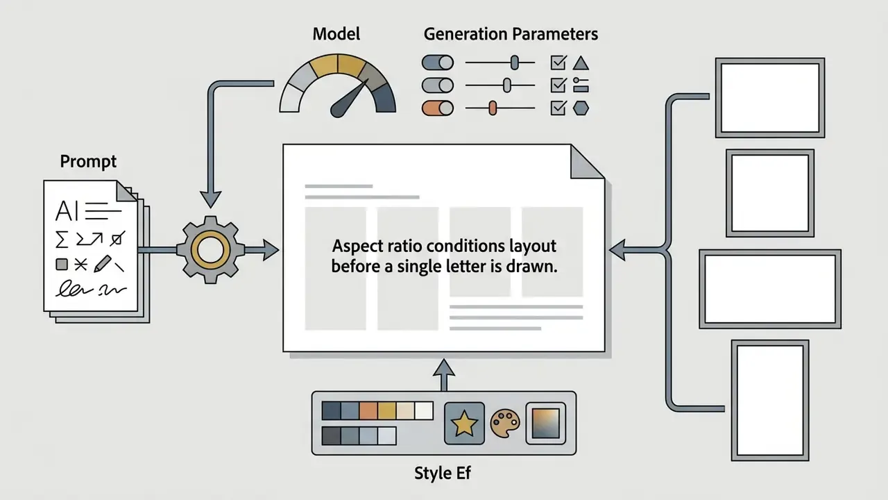 Prompt and style settings feeding into a central canvas to determine aspect ratio and layout