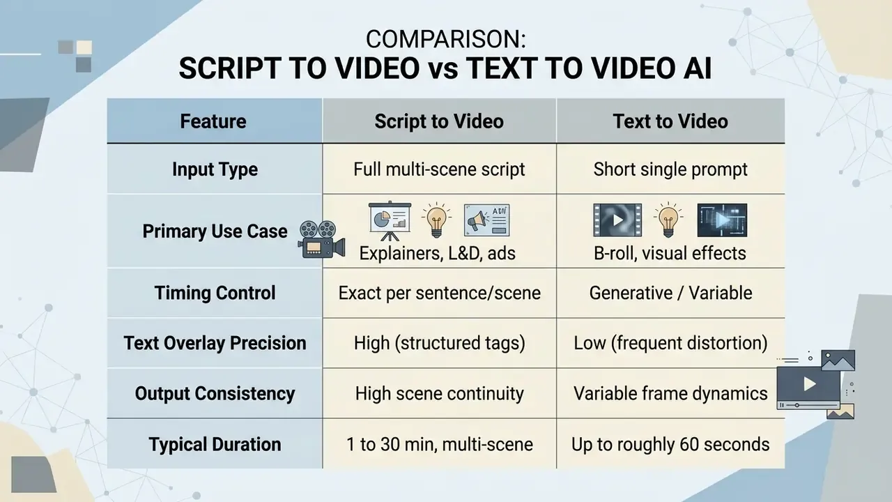 Comparison table contrasting script to video and text to video AI across six key functional categories
