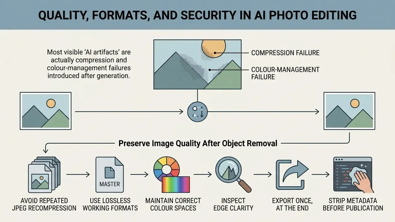 Summary of steps to maintain image quality after editing, including format selection and metadata removal