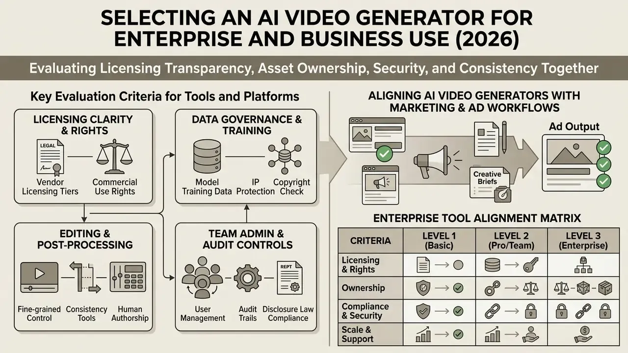 Diagram showing evaluation criteria for AI video generators including workflows and a comparison matrix