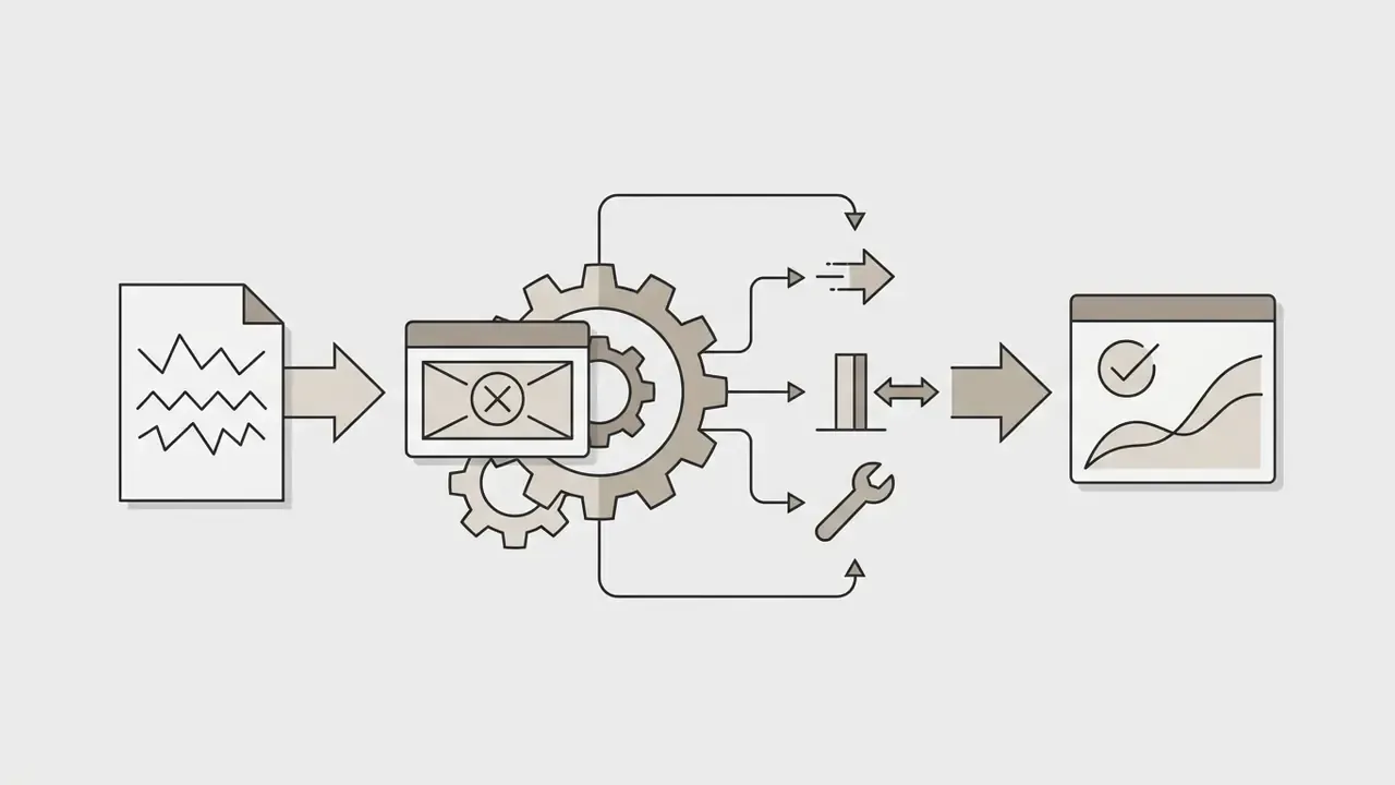 Document with jagged lines feeding into a gear system that branches into tools and outputs a finished chart