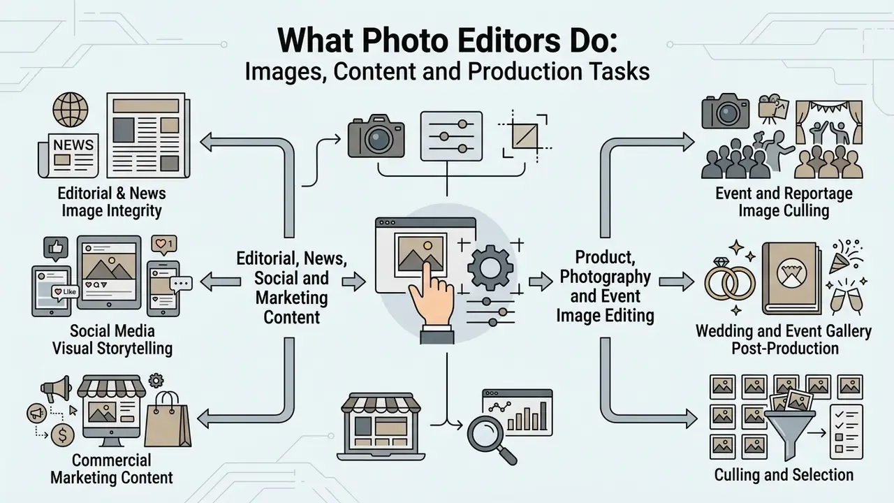 Diagram illustrating core photo editor tasks including content creation, image editing, and culling workflows