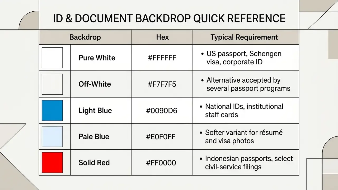 List of backdrop colors with hex codes and their corresponding requirements for official documents