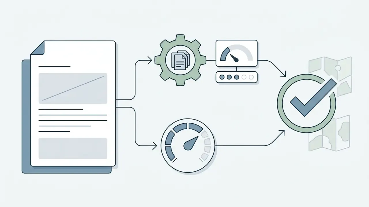 Document icon feeding into processing gears and speed gauges that result in a completed map checkmark