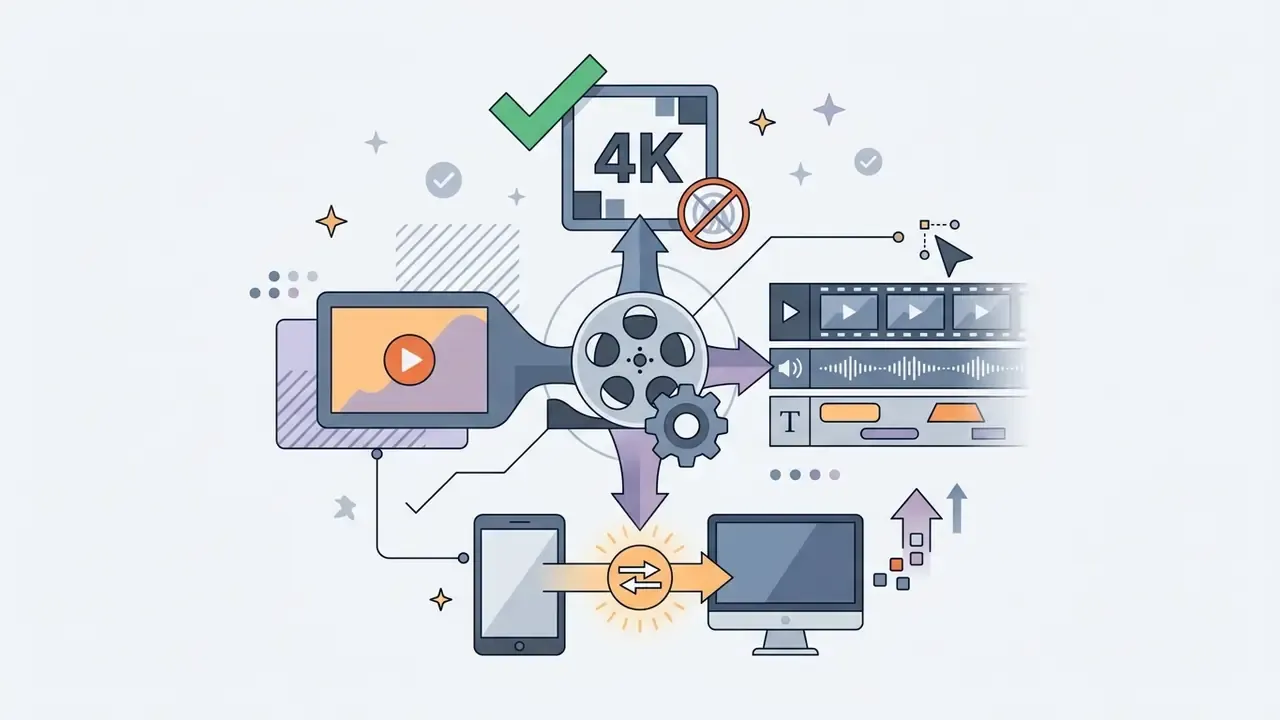 Film reel hub connecting 4K export, multi-track timeline, and mobile to desktop project syncing icons