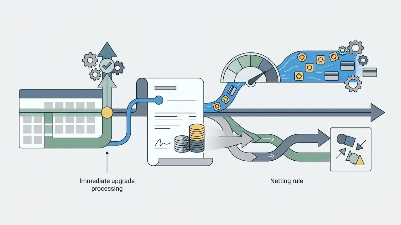 Calendar inputs flowing into a contract document with coin stacks and netting rules for plan adjustments