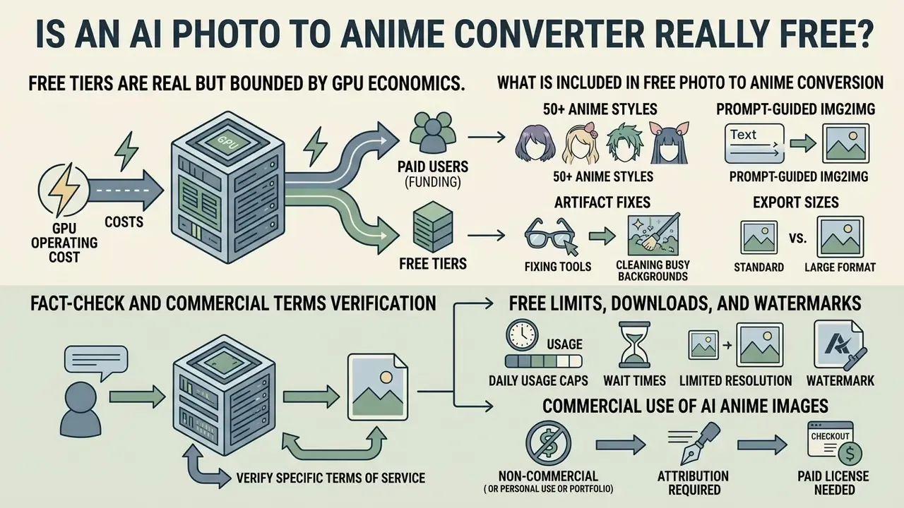 Diagram showing GPU costs, free tier limits, and commercial usage terms for an AI photo to anime converter
