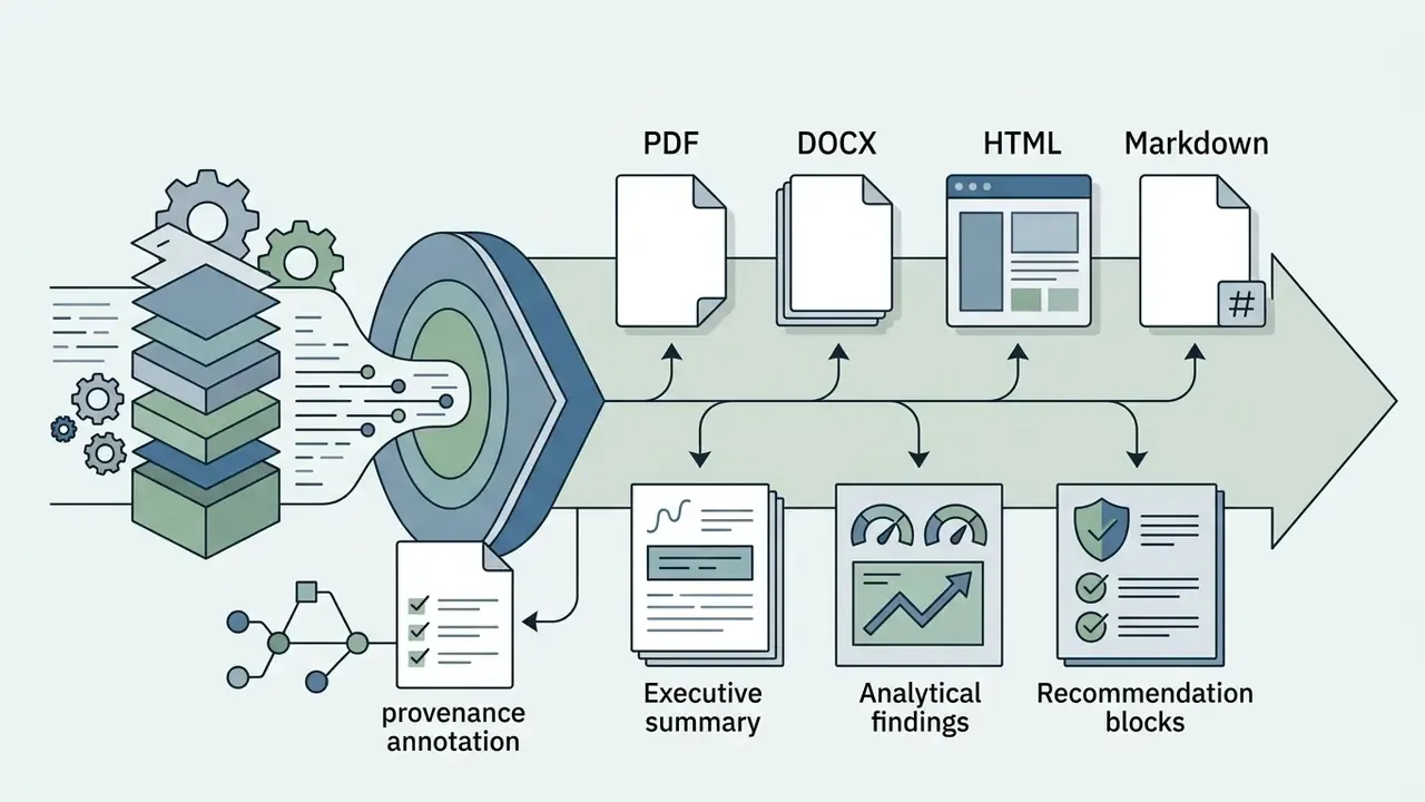 Output layer showing document exports and content components like summaries and analytical findings