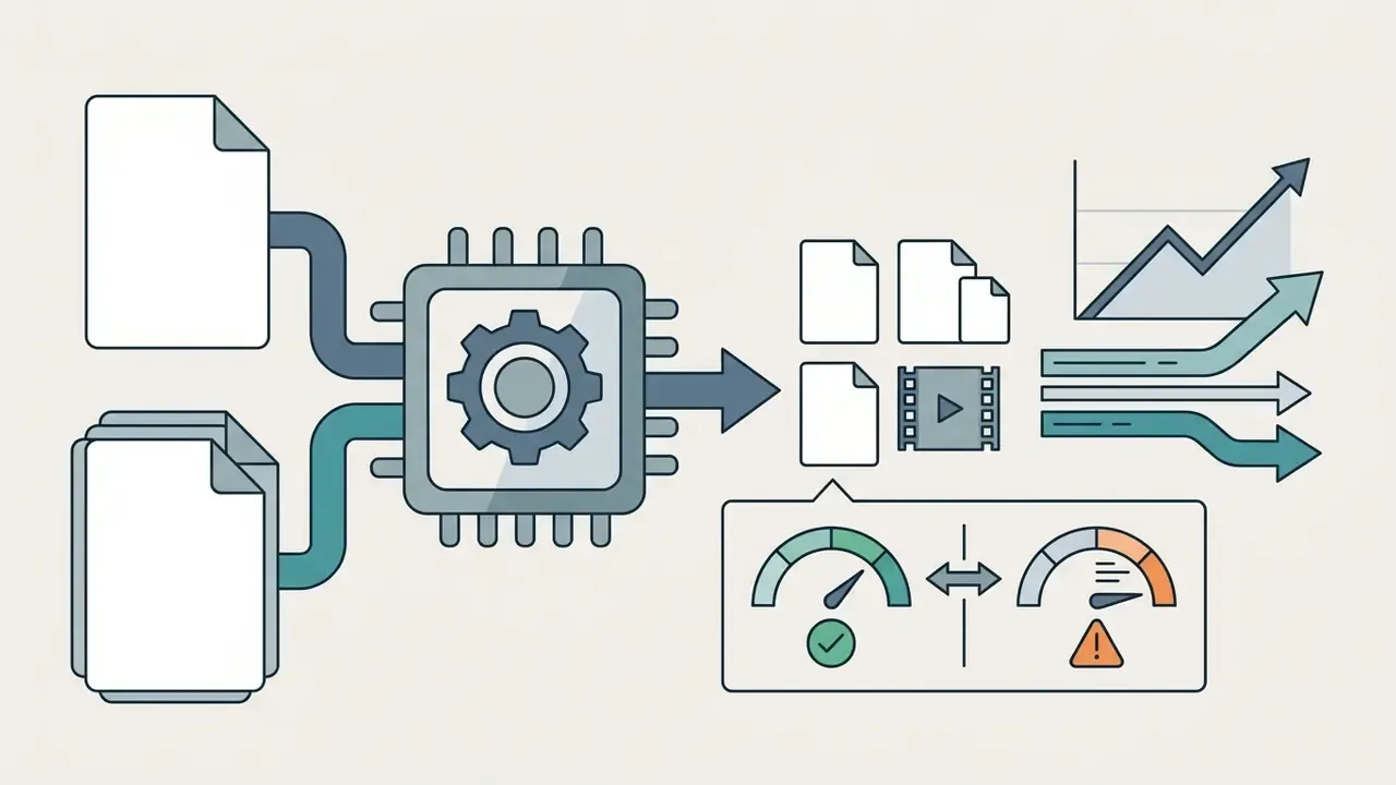 Media files feeding into a central processor linked to output files, growth charts, and performance gauges