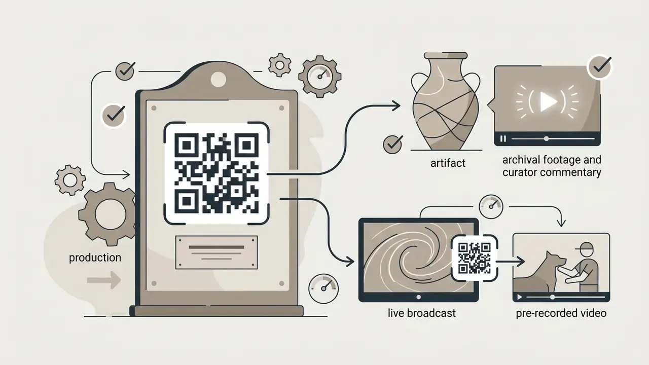 QR code on a museum display linking to archival footage or a live broadcast keeper video