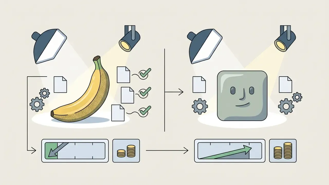 Side by side visual showing a banana and a square icon under spotlights with cost and quality indicators