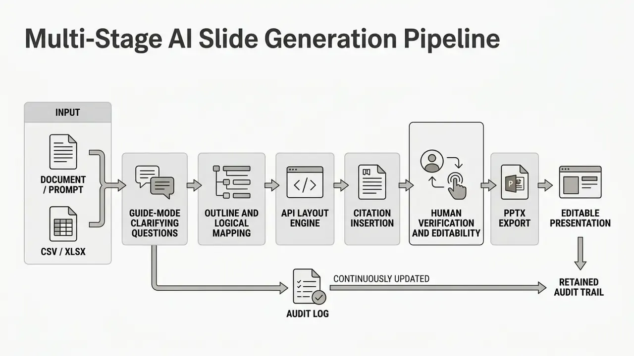 Flowchart showing the transformation of data into an editable presentation with a retained audit trail