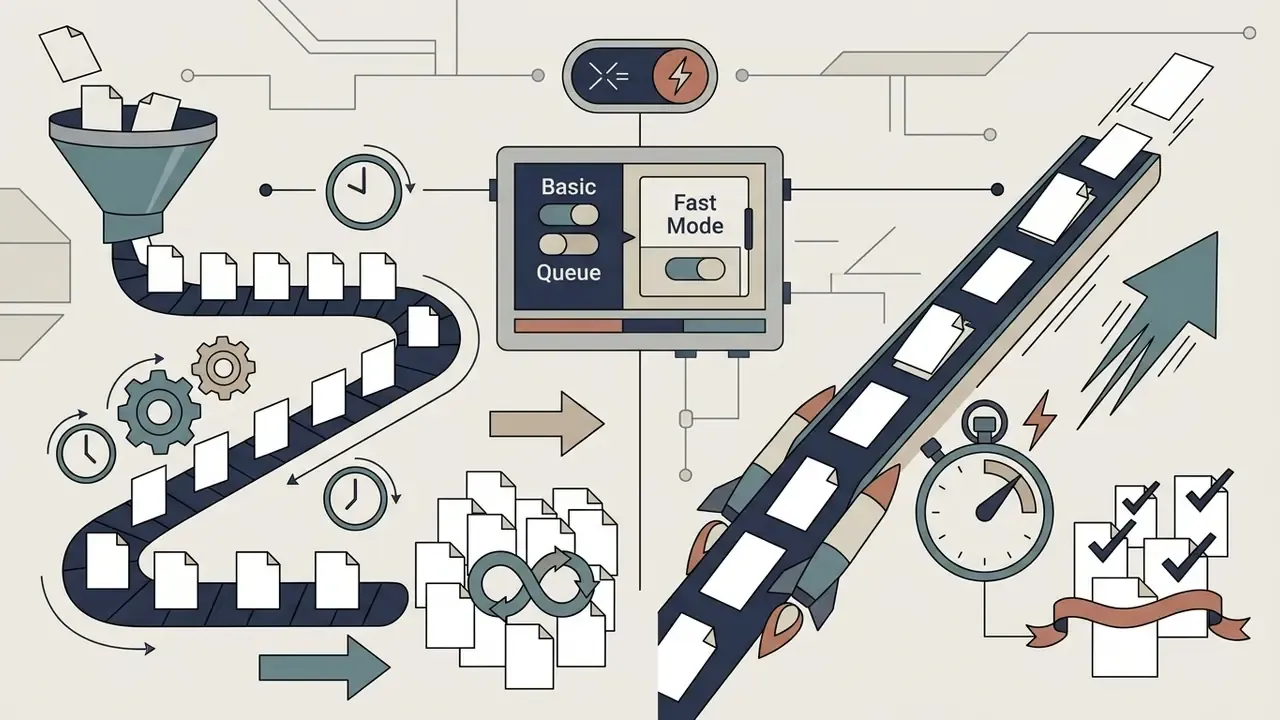 Control panel toggling between slow queue and fast processing modes for document generation workflows