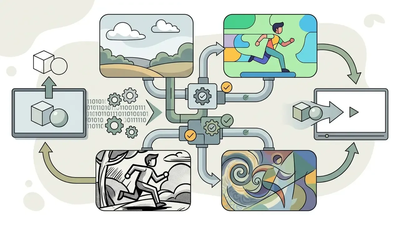 Central gear mechanism transforming static images and sketches into stylized animated video frames