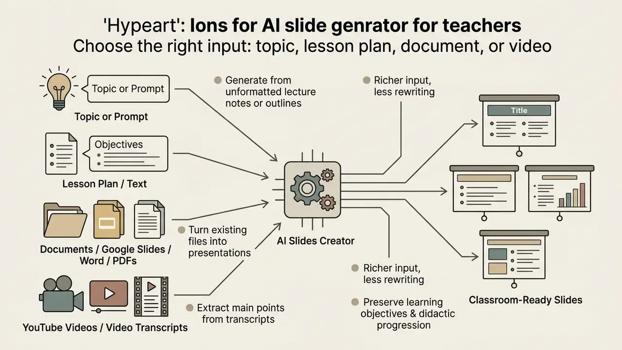 Diagram showing how an AI slide generator converts topics, documents, and videos into classroom presentations