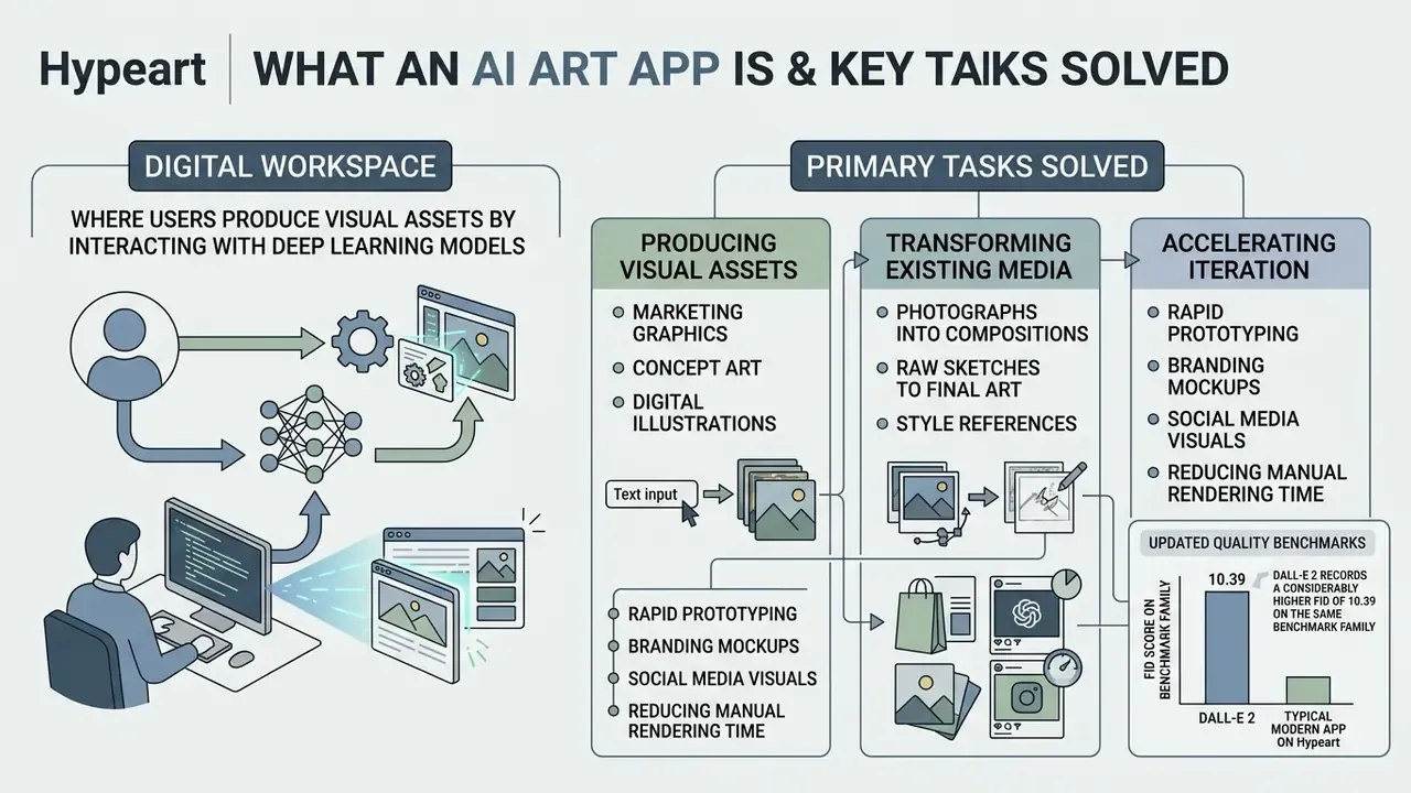 Infographic showing how an AI art app functions as a digital workspace to produce and transform visuals