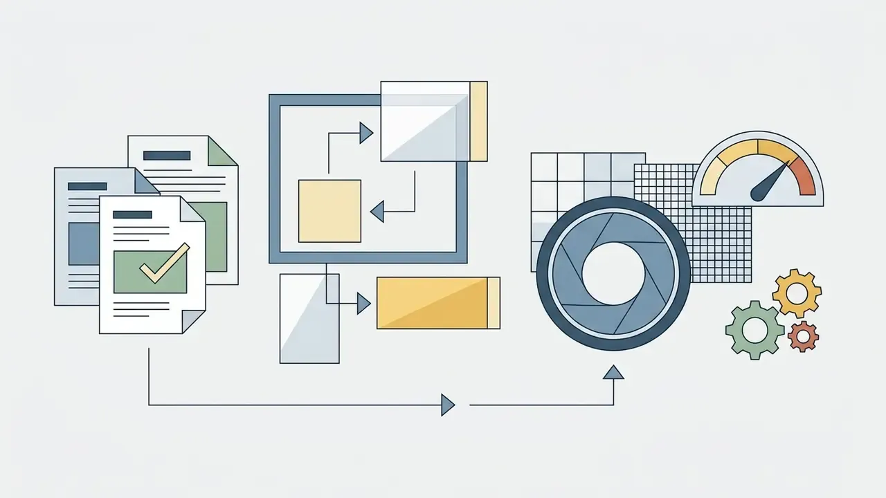 Documents with checkmarks leading to a processing box and a camera shutter icon with a gauge and gears