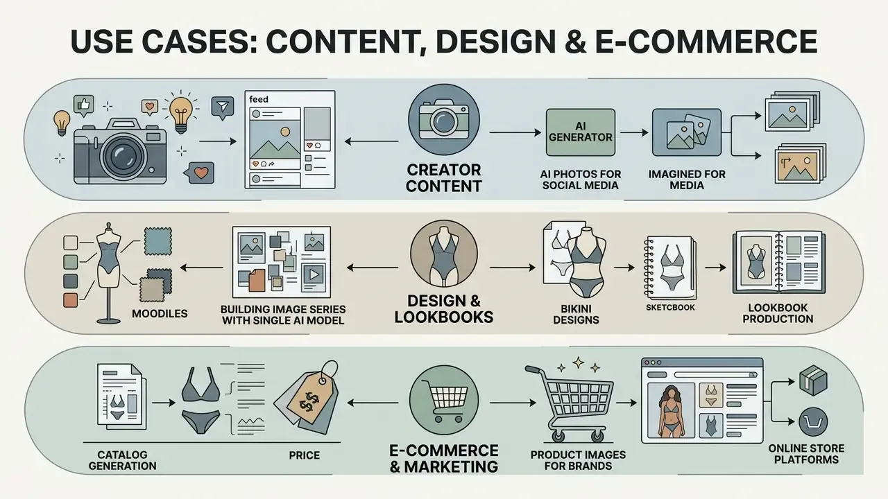 Three horizontal rows showing workflows for creator content, design lookbooks, and e-commerce marketing