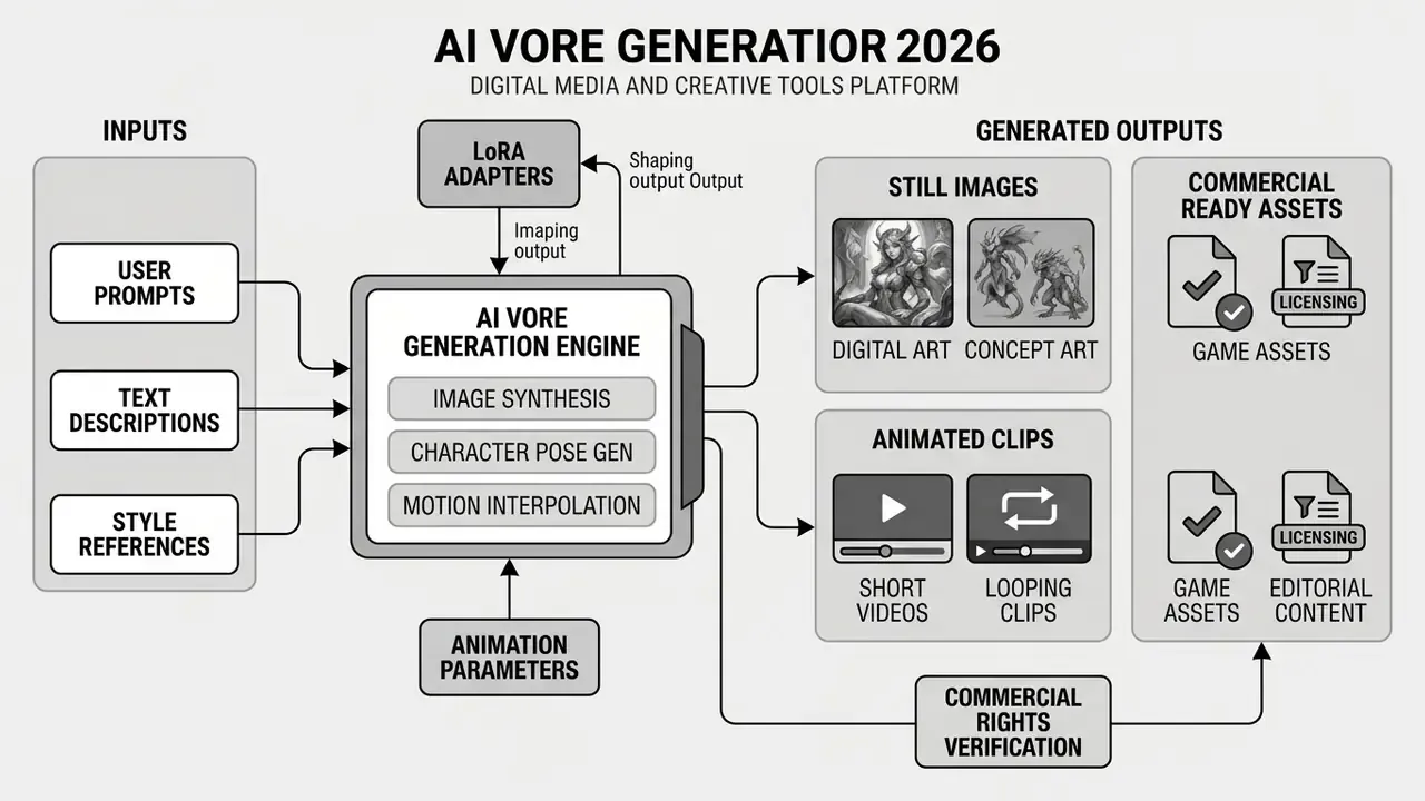 Flow chart showing how an AI vore generator processes user inputs into still images and animated clips