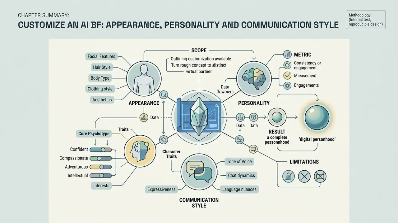 Infographic mapping the customization of an AI boyfriend through appearance, personality, and communication style