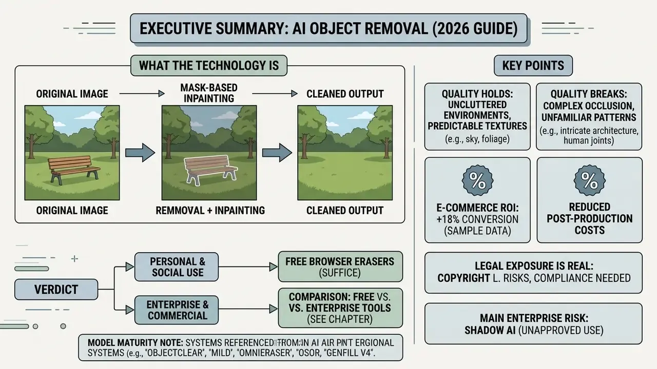 Infographic summarizing AI object removal processes, commercial impacts, legal risks, and enterprise usage