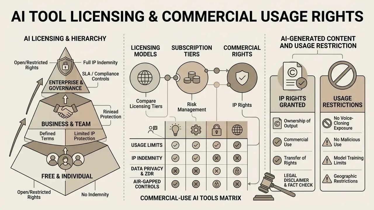 Diagram showing a hierarchy of AI licensing tiers, subscription models, and content usage restrictions