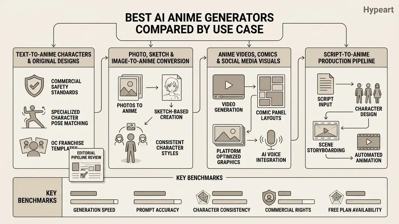 Comparison chart of anime AI art generator workflows categorized by output type and production benchmarks