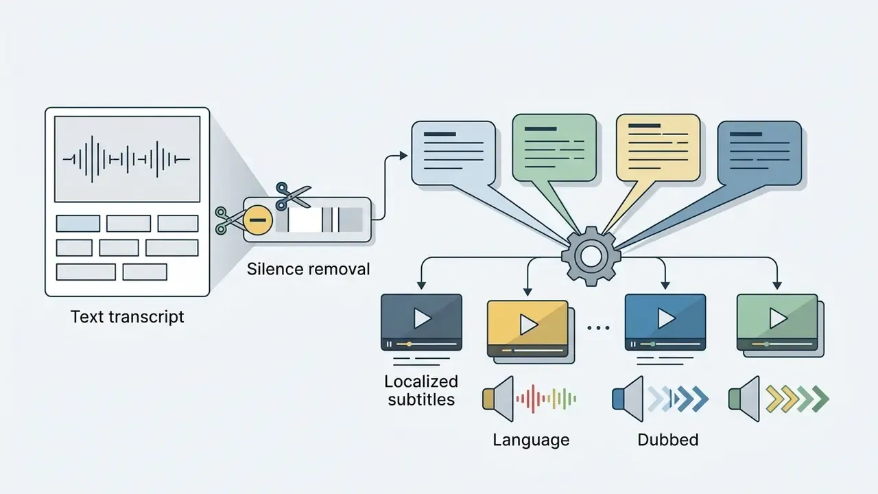 Transcript processing through silence removal to generate multiple localized subtitles and dubbed audio