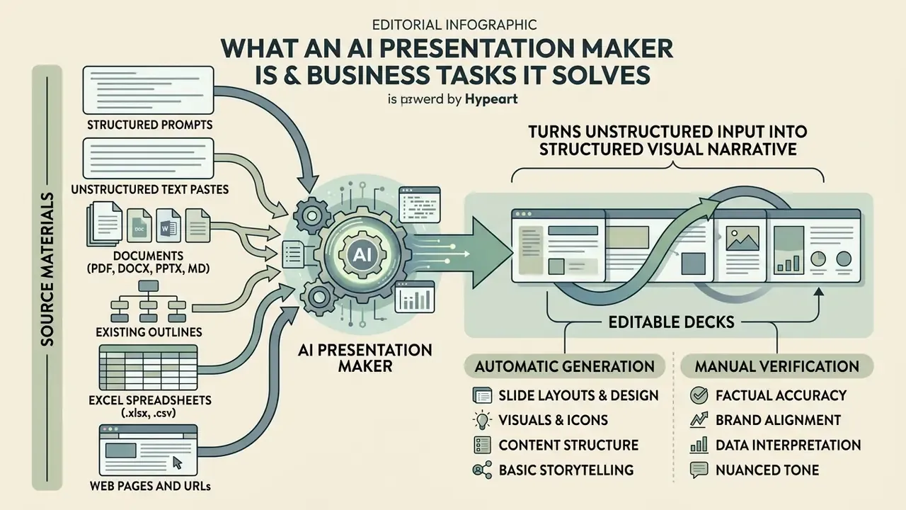 Infographic showing how various source materials are processed into editable slide decks by an AI tool