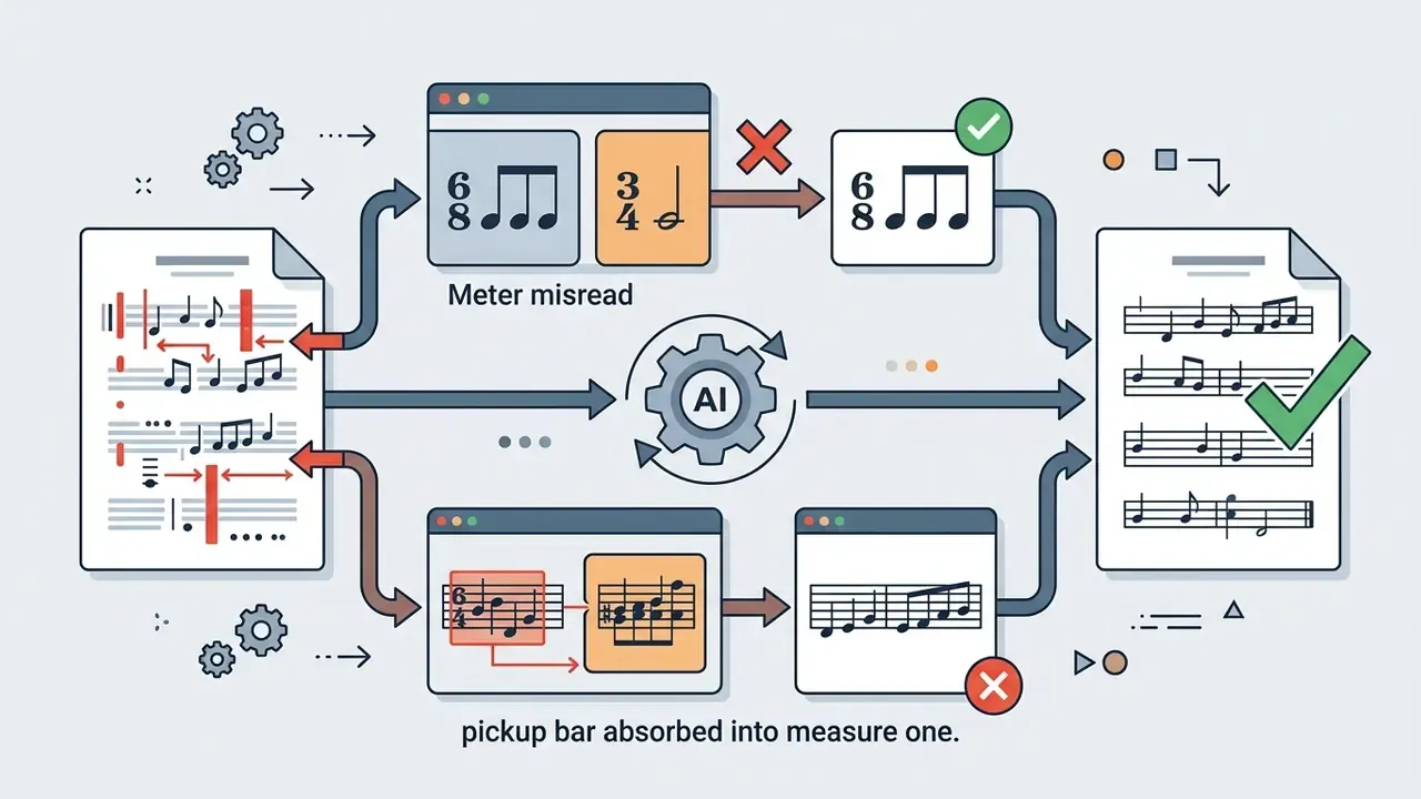 AI processing steps correcting meter misreads and pickup bar errors in musical notation