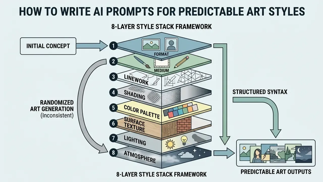 Diagram showing an eight-layer stack of design elements that leads to consistent creative results