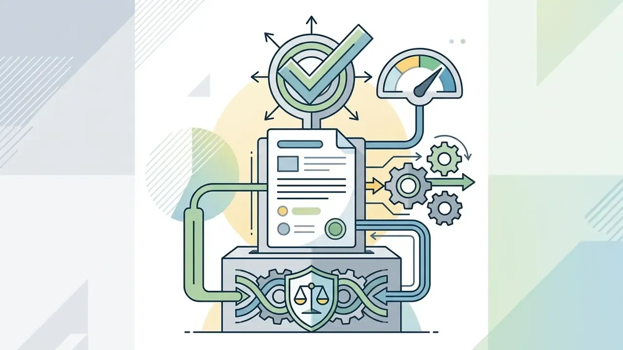 Legal document passing through a gear system and scales of justice icon to reach a status check gauge