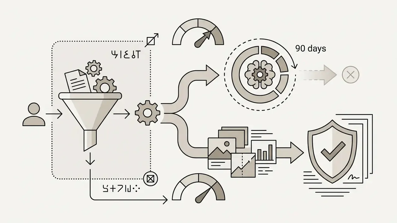 User data flowing through a funnel into a gear system that splits into a 90-day deletion and a protected file