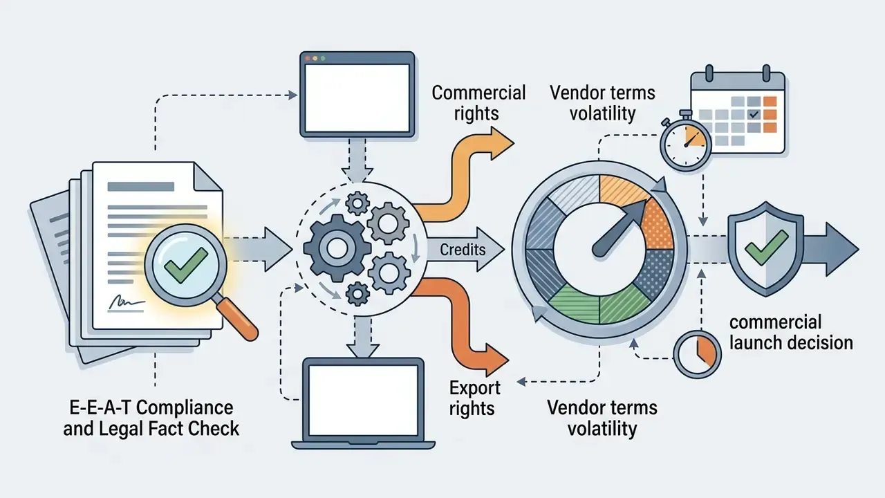 Documents and gears feeding into a gauge and shield icon to represent a commercial launch verification process