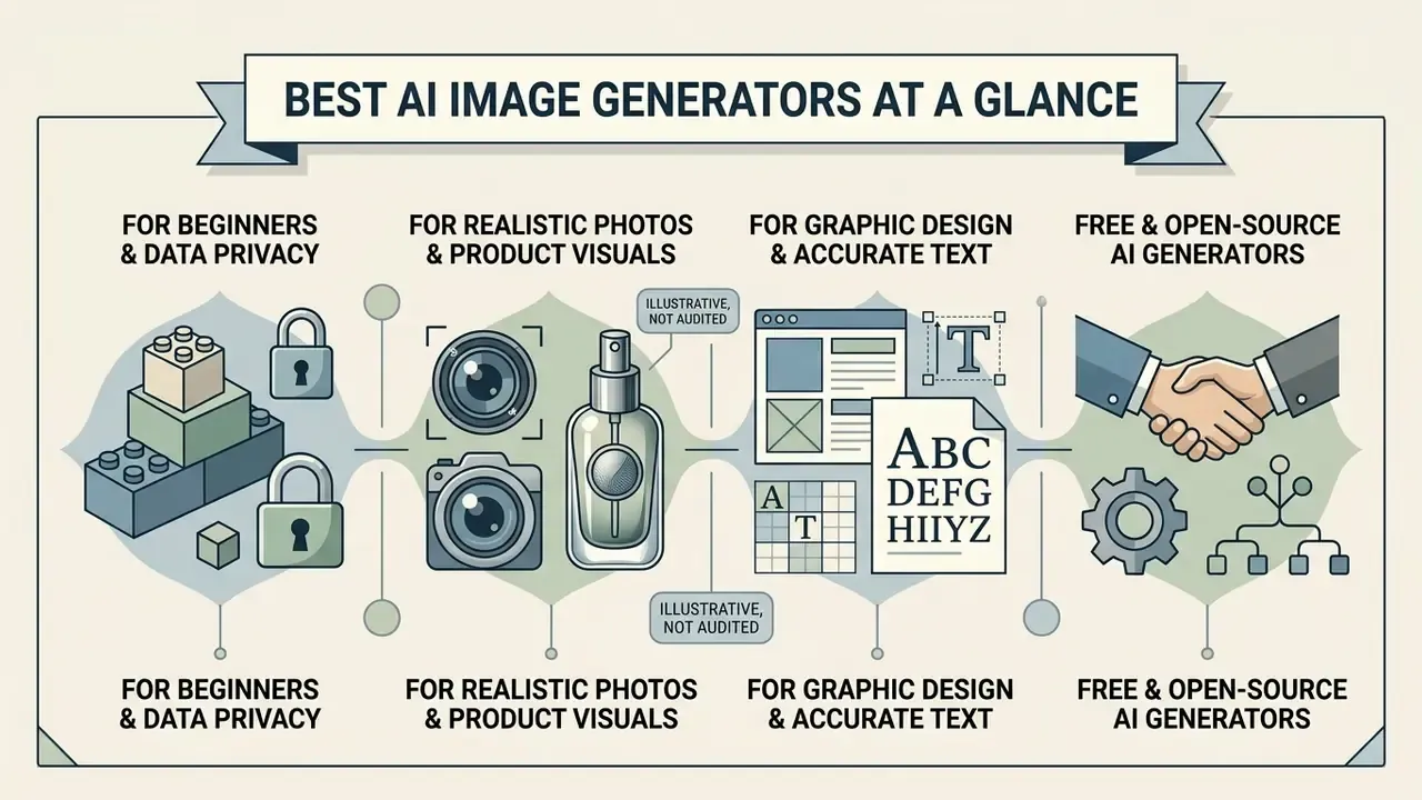 Infographic categorizing AI image generators by use case including design, realism, and open-source options