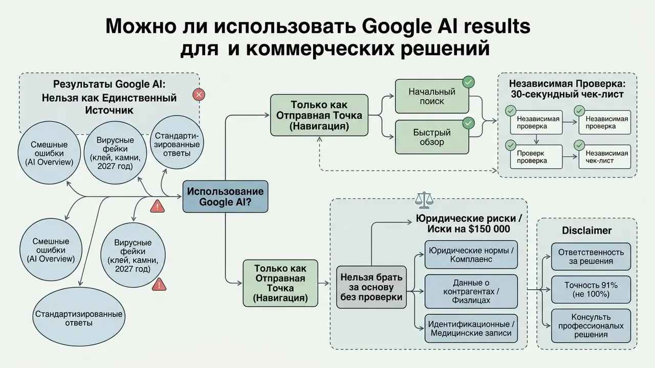 Блок-схема с правилами использования ответов ИИ для бизнеса, включая риски и алгоритмы проверки данных