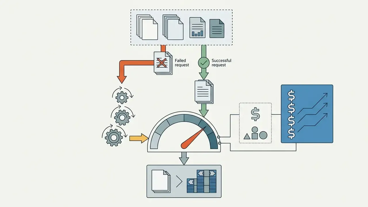 Documents routing through retry gears and a gauge to show the API Retry and Failure Cost Model