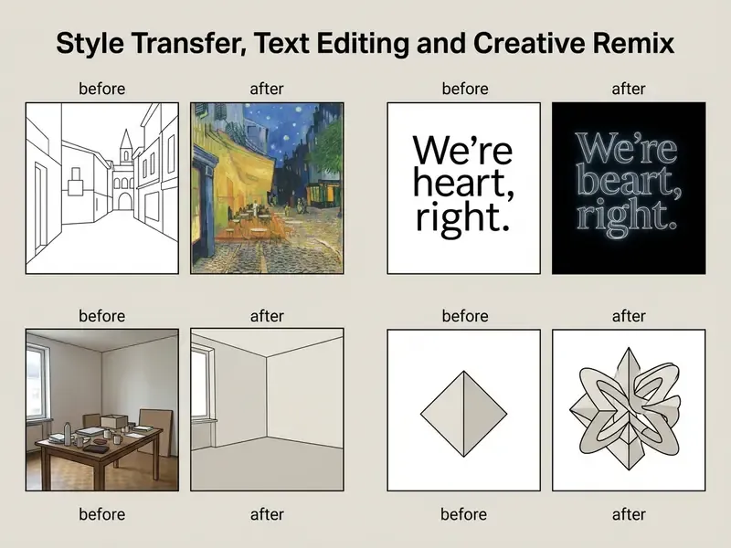 Four before and after pairs demonstrating style transfer, text editing, object removal, and creative remix