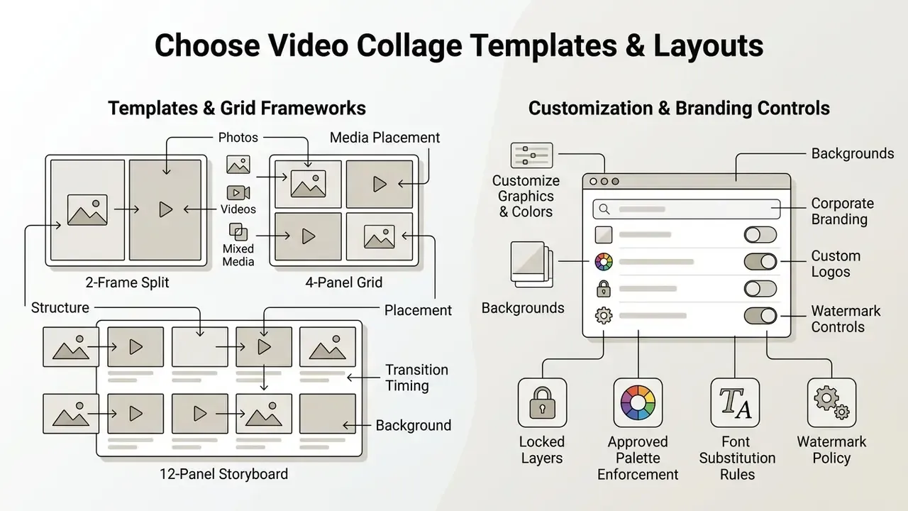 Diagram showing grid frameworks for media placement alongside interface controls for branding settings