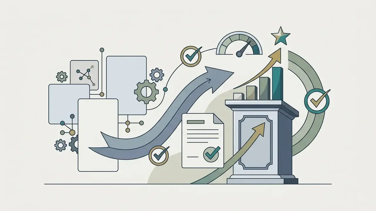 Gears and documents flowing toward a podium displaying bar charts and checkmarks for AI generated art examples
